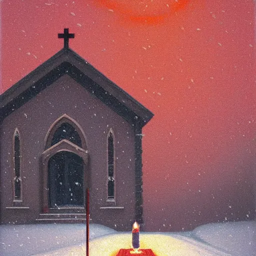 Image similar to church interiour, snow falling, glowing red cross, melted metal flowing, painted by Quint Buchholz and Carl Gustav Carus