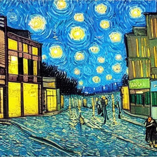 Prompt: dirty small town street with gas light and night sky in the style of van gogh