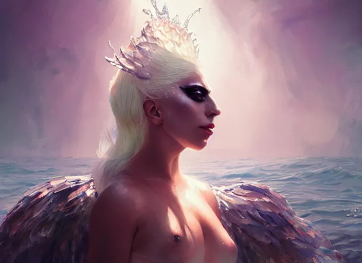 Image similar to lady gaga as a mermaid, intricate, sharp focus, lens flare, bloom, illustration, highly detailed, digital painting, concept art, matte, art by ruan jia and wlop and greg rutkowski