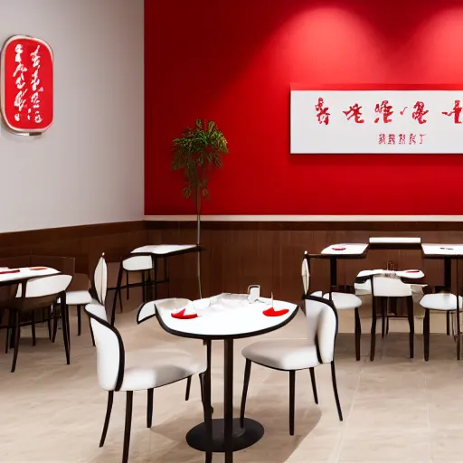 Prompt: a beautiful simple interior render of roasted string hotpot restaurant restaurant yan'an, wall corner, from china, red paper wall and white tile floor, white porcelain table, with merchant logo, fine simple delicate structure, chinese style, simple composition, simple style structure decoration design, victo ngai, 4 k hd