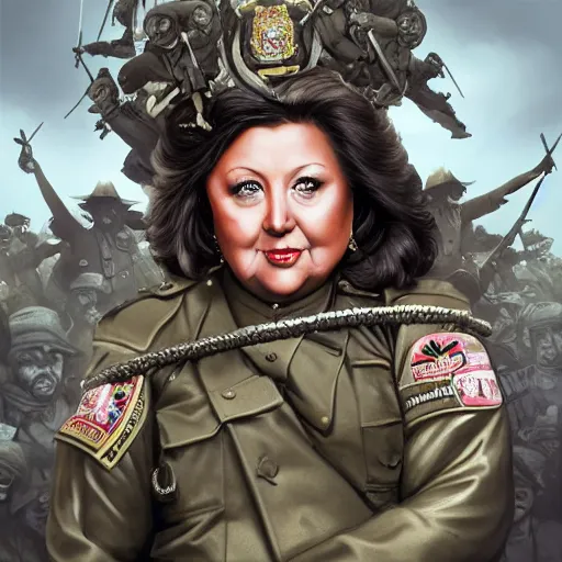 Image similar to abby lee miller as a military dictator, giving a speech to her troops by artgerm and wlop and scott fischer and seb mckinnon, digital art, highly detailed, wide shot, intricate, fantasy, mystical, sharp focus, Trending on Artstation HQ, deviantart, unreal engine 5, 4K UHD image