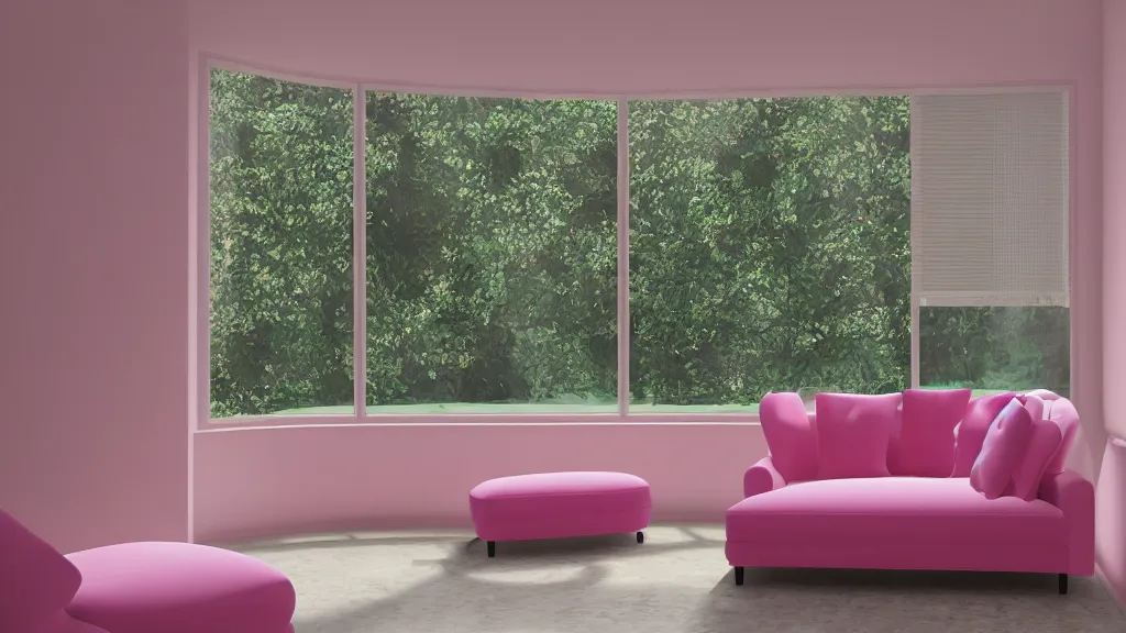 Prompt: pink velour sofa, white walls, daytime, soft light through blinds, pizza party, by herbert james harper, detailed, volumetric lighting, concept art, cinematic, 3 5 mm lens, 4 k