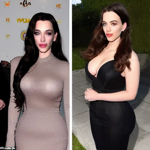 Image similar to a woman who is a genetic combination of kim kardashian and kat dennings and scarlett johansson and margot robbie and emma watson, face and upper - body focus