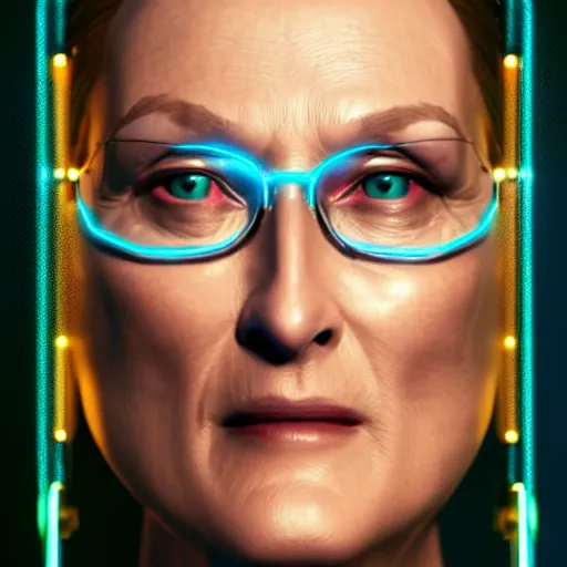 Prompt: Meryl Streep portrait, Cyberpunk 2077, ultra photorealistic, cybernetic body parts, neon, octane, bokeh, 8k