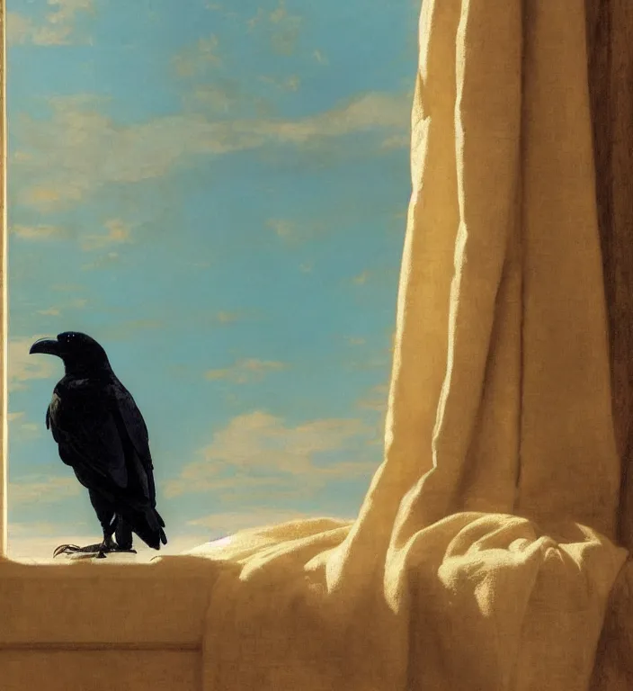 Prompt: a beautifully photoreal clear detailed victorian portrait of a close up raven on a victorian windowsill with an ornate velvet teal curtain at beautiful sunset daytime nature sunlit painting by frederic leighton and turner and rosetti, 8 k, octane render