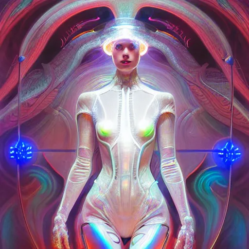 Prompt: psychedelic organic cyborg, white holographic plastic, dramatic lighting, fantasy, intricate, elegant, highly detailed, lifelike, photorealistic, digital painting, artstation, illustration, smooth, sharp focus, art by john collier and albert aublet and krenz cushart and artem demura and alphonse mucha