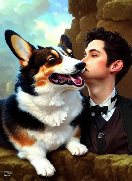 Prompt: a corgi and a tuxedo cat cuddling, shiny, fantasy, intricate, elegant, hyper detailed, ultra definition, photoreal, artstation, unreal engine rendered, concept art, smooth, sharp focus, illustration, art by artgerm and greg rutkowski and alphonse mucha and garis edelweiss