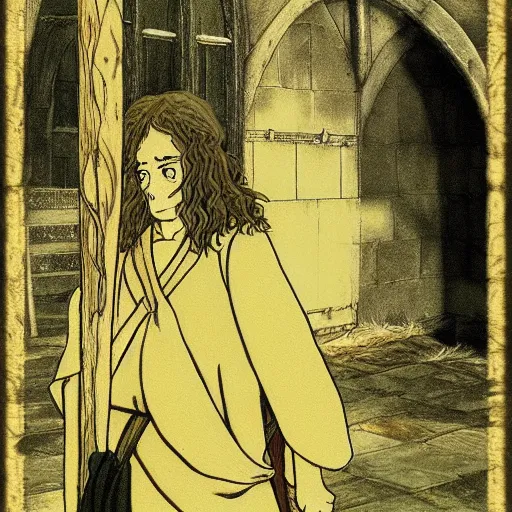 Image similar to peregrin took from the anime lord of the rings (1986), studio ghibli, very detailed, realistic