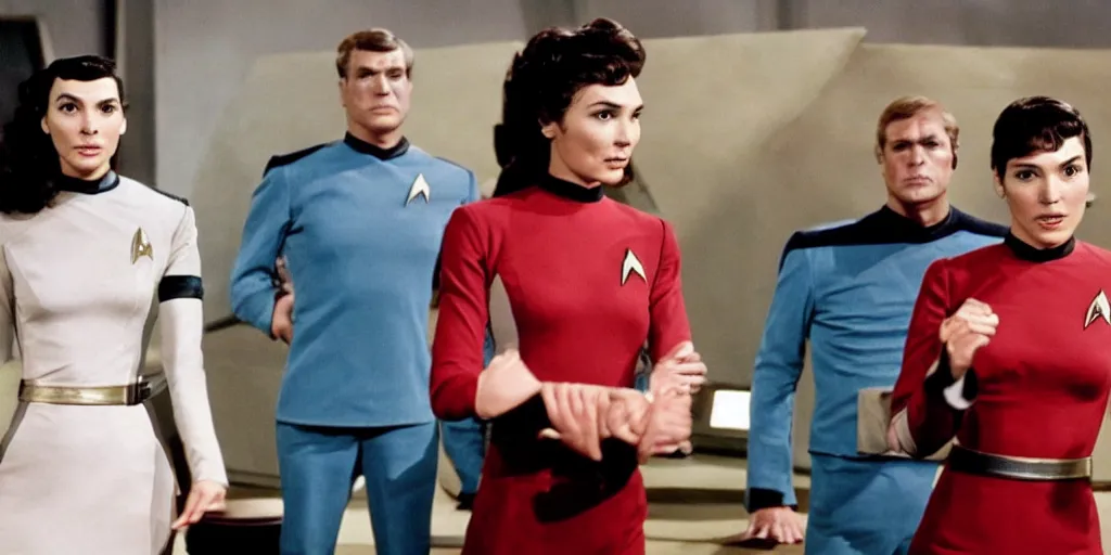 Image similar to a scene from Trouble with Tribbles, an episode of the original Star Trek series, with Gal Gadot, in Starfleet uniform, in the role of Captain Kirk