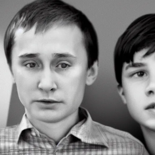 Image similar to A photo of putin teams up with a teenage putin, perfect faces, 50 mm, award winning photography