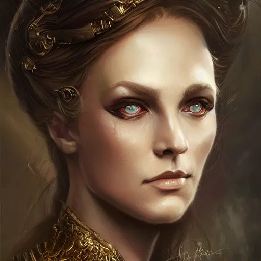 Image similar to a detailed matte head - on portrait painting of an middle - aged half - tiefling noblewoman with golden eyes and short well kept hair, by charlie bowater, lise deharme, wlop, tending on arstation, dungeons and dragon, dnd, pathfinder, fanart, oil on canvas