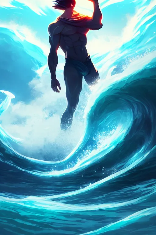 Image similar to the god posideon, male, ocean wave in the background, portrait, sharp focus, digital art, concept art, dynamic lighting, epic composition, subsurface scattering, trending on artstation, by emylie boivin 1. 0, rossdraws 2. 0