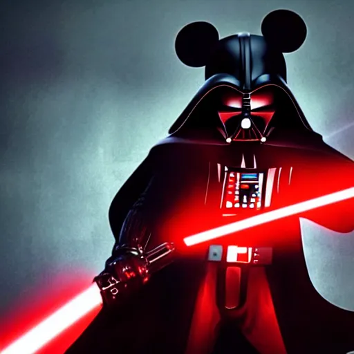 Prompt: film still of mickey mouse killing!! darth vader!! in the new star wars movie, 4 k