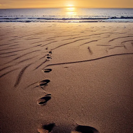 Prompt: footprints in sand at the beach, gentle waves, calm light, footprint path, light sand, distant clouds, photography award, leading lines