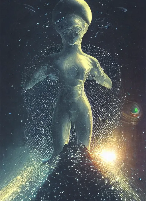 Image similar to astronaut in dark void underwater - complex and hyperdetailed technical suit design. reflection and dispersion materials. rays and dispersion of light. volumetric light. f / 3 2. noise film photo. flash photography. ultra realistic, 5 0 mm. poster by wayne barlowe, hajime sorayama aaron horkey, craig mullins