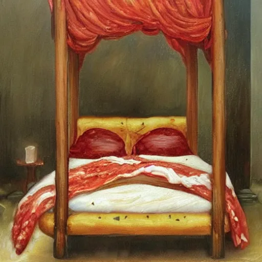 Prompt: a four poster bed made out of pizza, stringy melted cheese blanket, oily pepperoni pillows, stuffed crust of dreams, in the style of oil painting, detailed brushstroke,