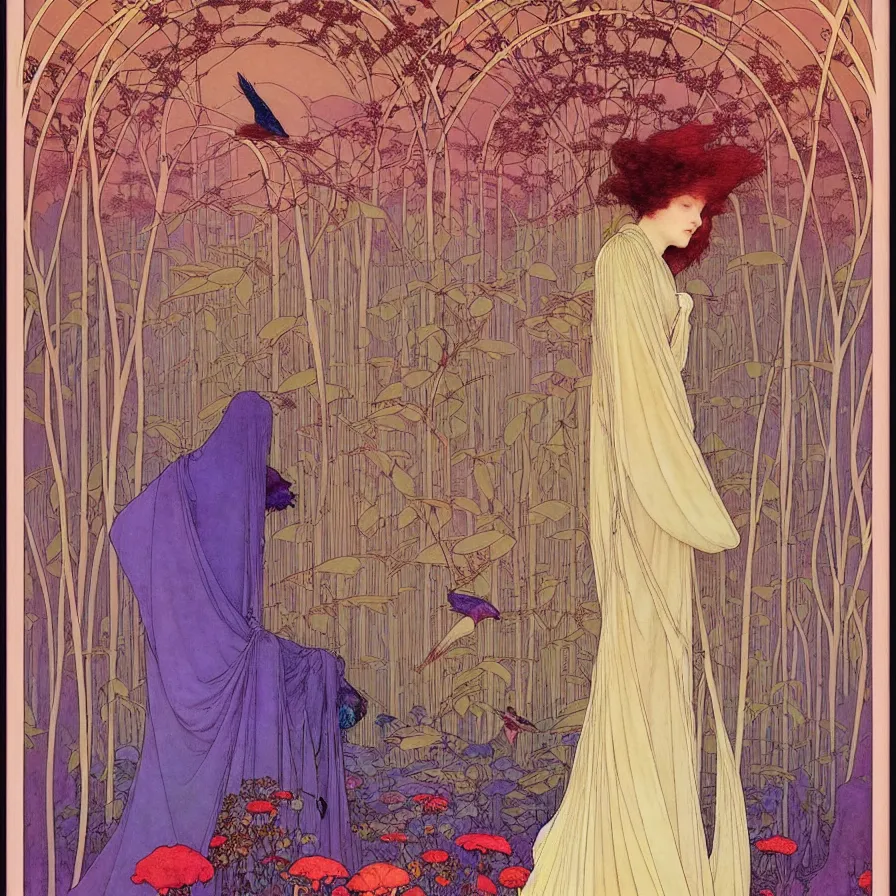 Image similar to ( ( ( beautiful strange forest and flowers and birds ) ) ) by mœbius!!!!!!!!!!!!!!!!!!!!!!!!!!!, overdetailed art, colorful, record jacket, cover art design, decorative frame like alfons maria mucha