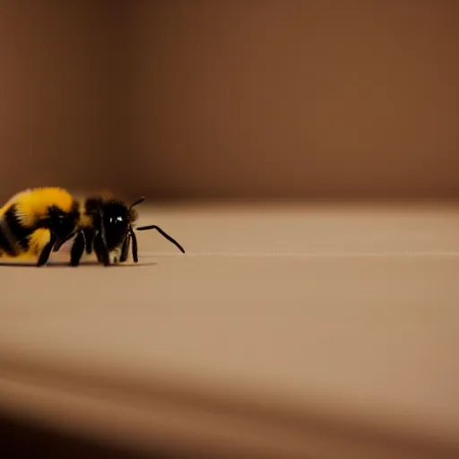 Prompt: a photo of a bumble bee in a court room surrounded by other incects awaiting a verdict, 5 0 mm lens, f 1. 4, sharp focus, ethereal, emotionally evoking, head in focus, volumetric lighting, blur dreamy outdoor,