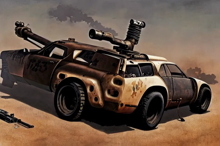 Image similar to dieselpunk mad max alpine a 3 1 0 with guns installed, painted by greg rutkowski makoto shinkai takashi takeuchi studio ghibli, akihiko yoshida