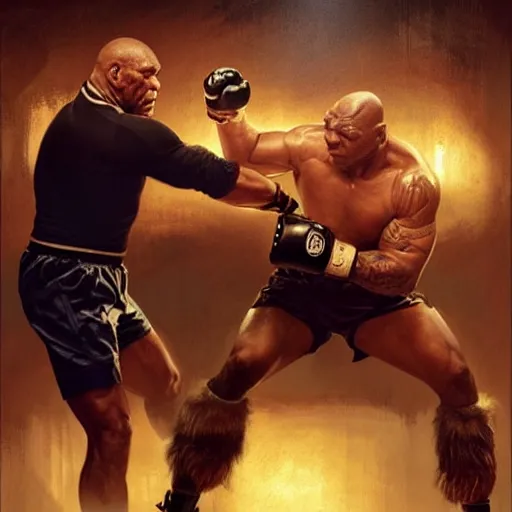 Image similar to vinnie jones and mike tyson fighting in a pub, real life skin, intricate, elegant, highly detailed, artstation, concept art, smooth, sharp focus, art by artgerm and greg rutkowski and alphonse mucha