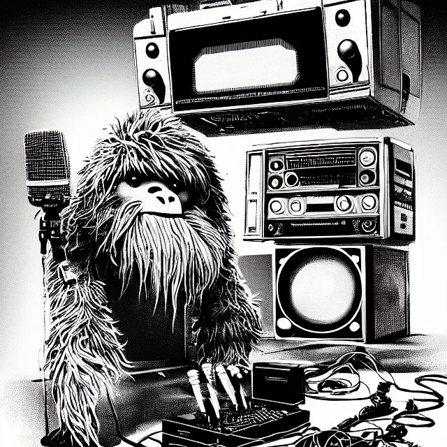 Image similar to a portrait of an anthropomorphic cyberpunk yeti podcasting while working in his secret electronics lab, detailed render, tape deck, microphone, boombox, headphones, epic composition, cybernetics, 4 k realistic, cryengine, realistic shaded lighting, sharp focus, masterpiece, by matteo scalera, gary montalbano, peter elson in the style of the tokyo ghost comic