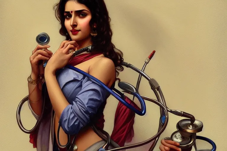 Image similar to sensual pale beautiful indian doctor in jeans with stethoscope, art deco portrait, elegant, intricate, digital painting, artstation, concept art, smooth, sharp focus, illustration, art by artgerm and greg rutkowski and alphonse mucha