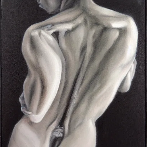 Prompt: My bones grow weary, I can't walk any further, oil-on-canvas, black&white