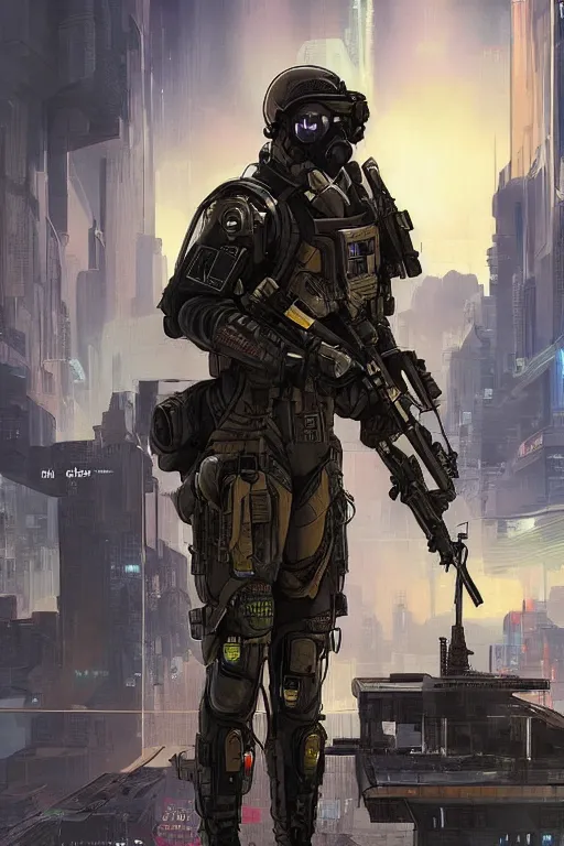 Image similar to Hosea. USN special forces futuristic recon operator, cyberpunk military hazmat exo-suit, on patrol in the Australian autonomous zone, deserted city skyline. 2087. Concept art by James Gurney and Alphonso Mucha