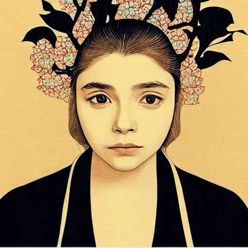 Prompt: “ chloe grace moretz portrait by ikenaga yasunari and ayana otake and ko rakusui, 6 0 s poster, drawing, realistic, sharp focus, japanese, dreamy, nostalgia, faded, golden hues, floral clothes, porcelain skin ”