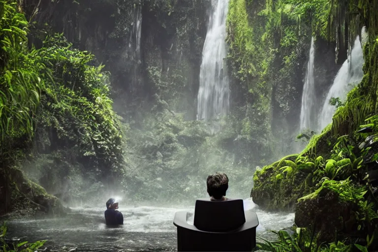 Image similar to movie closeup young man with a grey beard in a cyberpunk suit sitting on a futuristic chair at the edge of a jungle waterfall by emmanuel lubezki