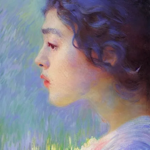 Image similar to Monet portrait painting of a beautiful girl, medium shot, asymmetrical, profile picture, Organic Painting, sunny day, Matte Painting, bold shapes, hard edges, street art, trending on artstation, by Huang Guangjian and Gil Elvgren and Sachin Teng