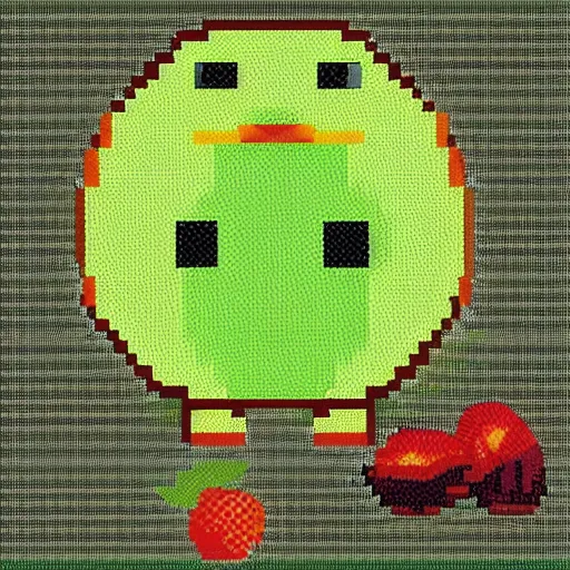 Image similar to kiwi bird eating kiwi fruit, pixel art