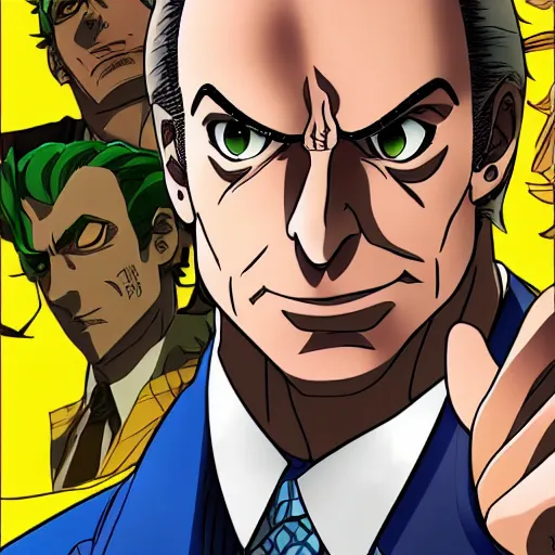 Image similar to saul goodman in jojo's bizarre adventure anime, in the style of jojo's bizarre adventure by hirohoki araki, anime style, hyper realistic, illustration, 4 k hd