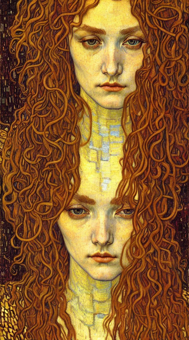 Image similar to detailed realistic beautiful young medieval queen face portrait by jean delville, gustav klimt and vincent van gogh, art nouveau, symbolist, visionary, gothic, pre - raphaelite, muted earthy colors, desaturated