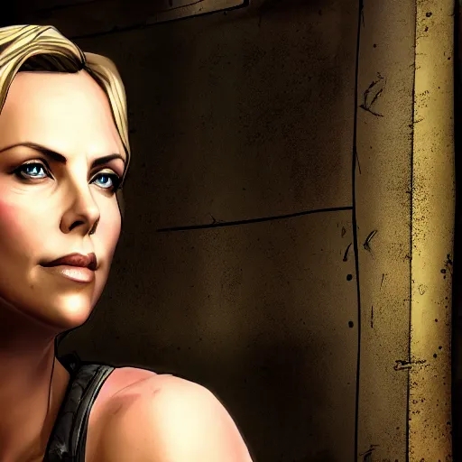 Image similar to charlize theron portrait, borderlands, tales from the borderlands, the wolf among us, comic, cinematic lighting, studio quality, 8 k