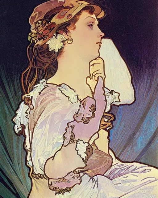 Image similar to painting by alphonse mucha, theater scene with a singer in a white dress, pastel color palette