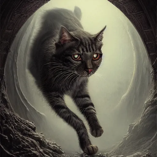 Image similar to photorealistic demonic cat in the style of michael whelan and gustave dore. hyperdetailed photorealism by greg rutkowski. 1 0 8 megapixels, 3 d finalrender, cinematic lighting