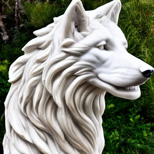 Image similar to a white marble statue of a wolf's head with gold filigree