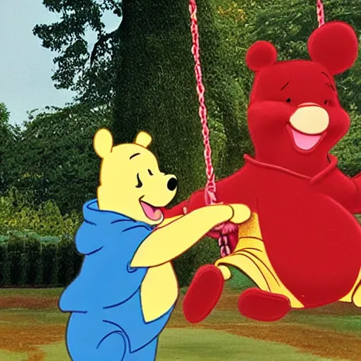 Prompt: winnie the pooh pushing xi jinping on a swing