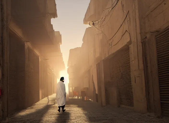 Image similar to old jeddah city alley, roshan, old shops, horse, magical glowing gate to another dimension, a man wearing a white robe standing watching over, dramatic lighting, dawn, by caspar david friedrich, unreal engine 5