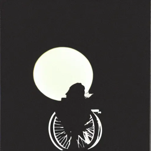 Image similar to sillouette of robert wyatt in a wheelchair flying against the moon at night,