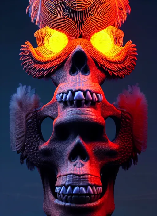 Image similar to 3 d ape shaman profile portrait, sigma 5 0 0 mm f / 5. beautiful intricate highly detailed quetzalcoatl skull and feathers. bioluminescent, plasma, lava, ice, water, wind, creature, thunderstorm! artwork by tooth wu and wlop and beeple and greg rutkowski, 8 k trending on artstation,