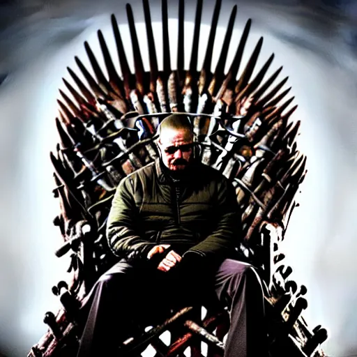 Image similar to “Very crisp photo of Walter White sitting on the Iron Throne from Game of Thrones, atmospheric lighting, award-winning details”