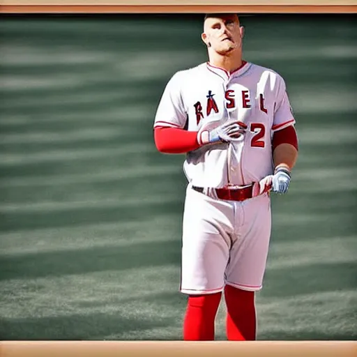 Image similar to “a realistic detailed photo of a guy who is named Mike Trout a baseball player, frozen like a statue, with shiny skin, by a pool, on display”