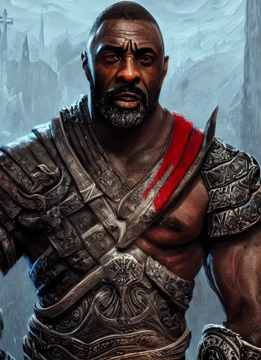 Prompt: a highly detailed illustration of idris elba as god of war kratos, dramatic smiling wielding bloody cross pose, gothic church background, intricate, elegant, highly detailed, centered, digital painting, artstation, concept art, smooth, sharp focus, league of legends concept art, wlop