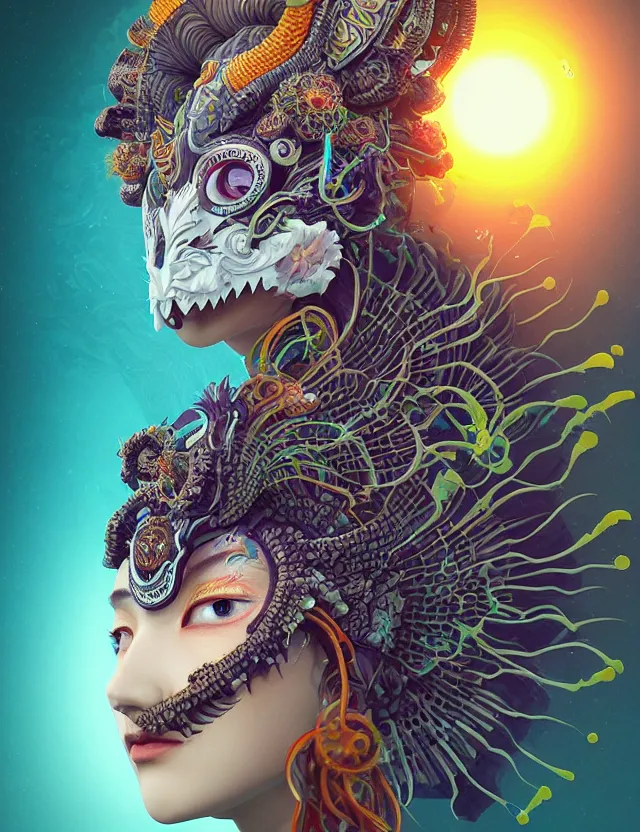 Image similar to 3 d goddess close - up profile solarpunk portrait ram skull. beautiful intricately detailed japanese crow kitsune mask and clasical japanese kimono. betta fish, jellyfish phoenix, bio luminescent, plasma, ice, water, wind, creature, artwork by tooth wu and wlop and beeple and greg rutkowski