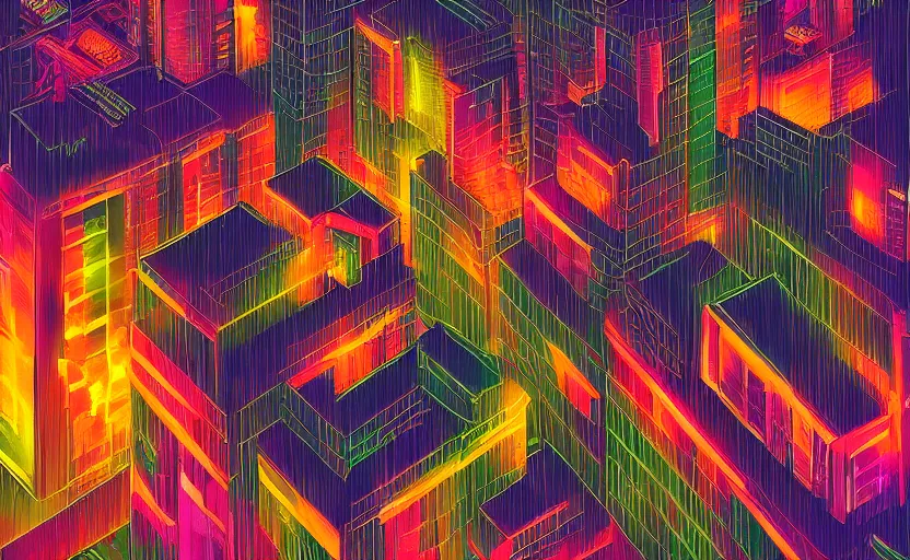 Image similar to a cat observing a neon city from the roof of a building at night, digital art, digital painting