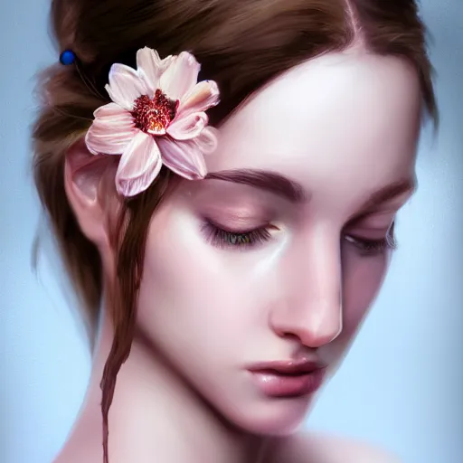 Image similar to character concept portrait of a beautiful woman with pale face, flowers in her hair, intricate, elegant, digital painting, concept art, realistic, smooth, focus, rim light