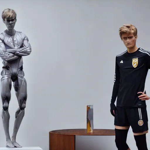 Image similar to a realistic detailed photo of a guy who is an attractive humanoid who is half robot and half humanoid, who is a male android, soccer player martin ødegaard, shiny skin, posing like a statue, blank stare, in a living room, on display, showing off his muscles