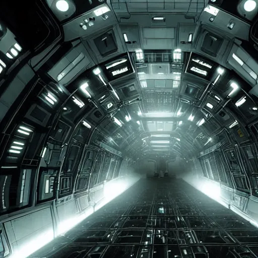 Prompt: a dark sci - fi scene of a spacecraft interior, corridor, rows of doors, sparks from ceiling lights in the style of dead space, cinematic,